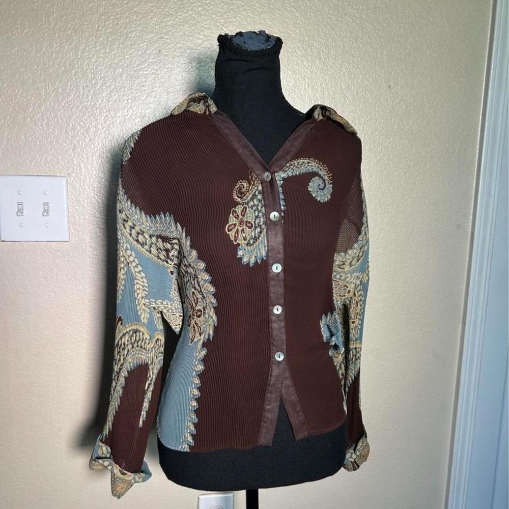 Alberto Makali Y2K Boho Western Brown Paisley Button Up Blouse Large - Picture 2 of 8